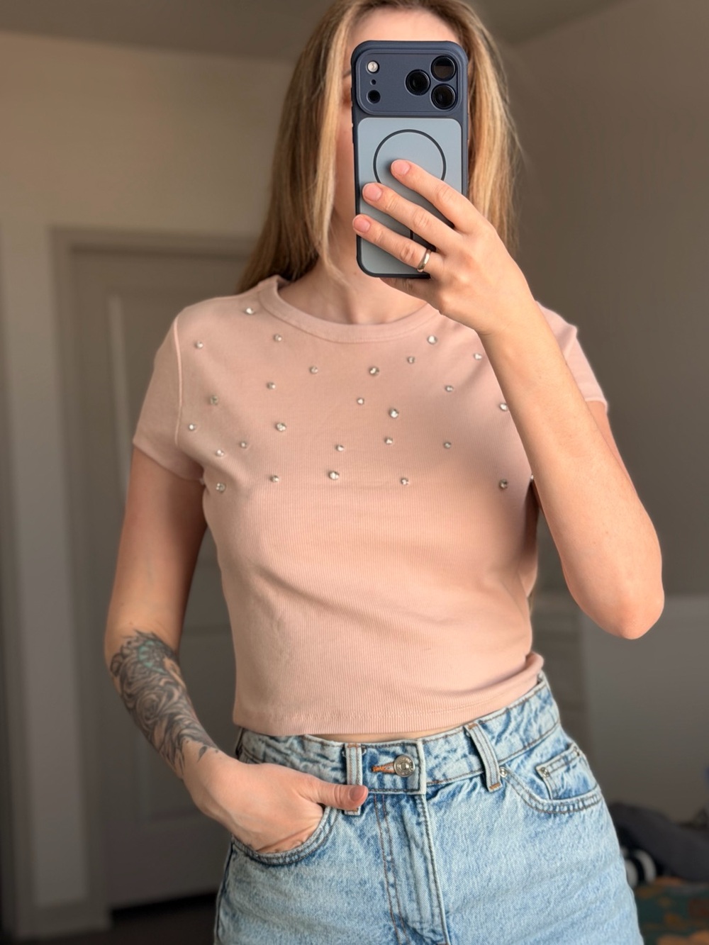 H&M Blush Pink Pearl-Accent Crop Tee